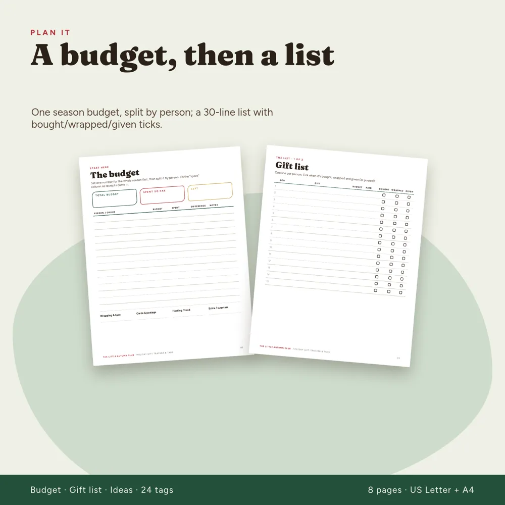 Holiday planner pages: the season budget with total, spent and left boxes, and the 30-line gift list